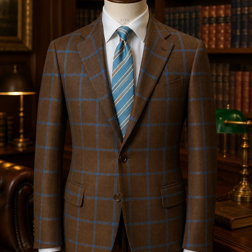 Kiton Brown Windowpane Sport Coat with Blue Check in Cashmere Linen  | Kiton Tie